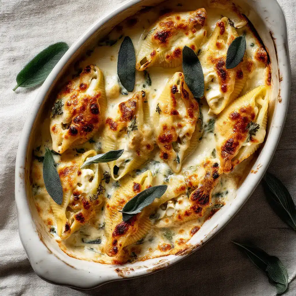 Creamy sage alfredo sauce generously coating jumbo stuffed shells with bubbly golden-brown melted Gouda cheese in a ceramic dish.