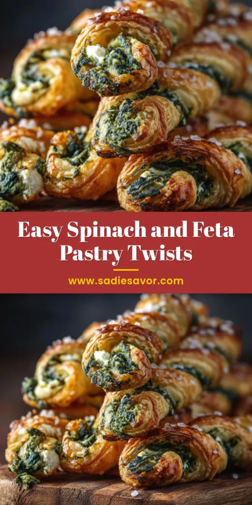 Flaky Spinach Feta Pastry Twists 4 A stack of freshly baked Spinach Feta Pastry Twists on a wooden board, featuring a vibrant green filling and golden brown flaky layers.
