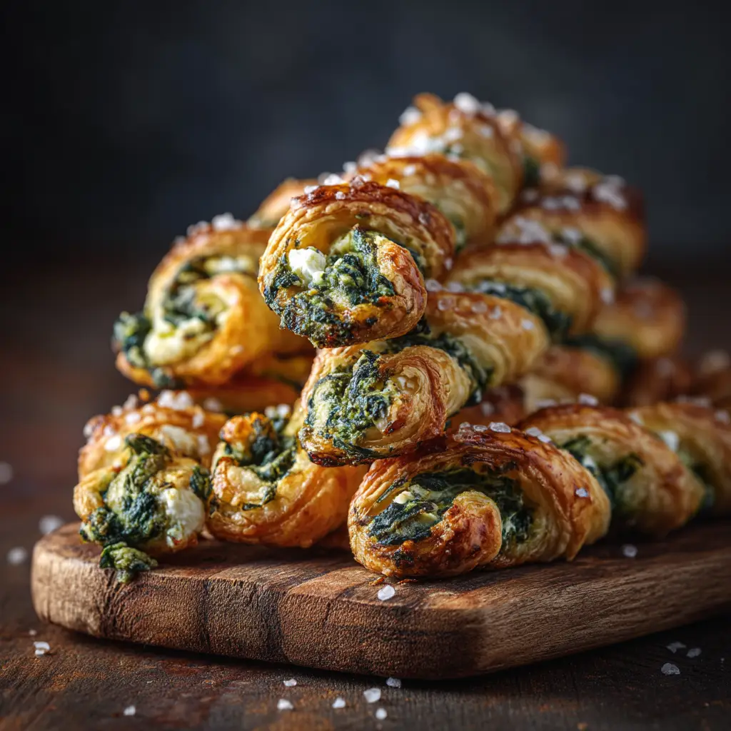Macro shot of golden brown, flaky puff pastry twists filled with bright green spinach and stark white feta cheese.