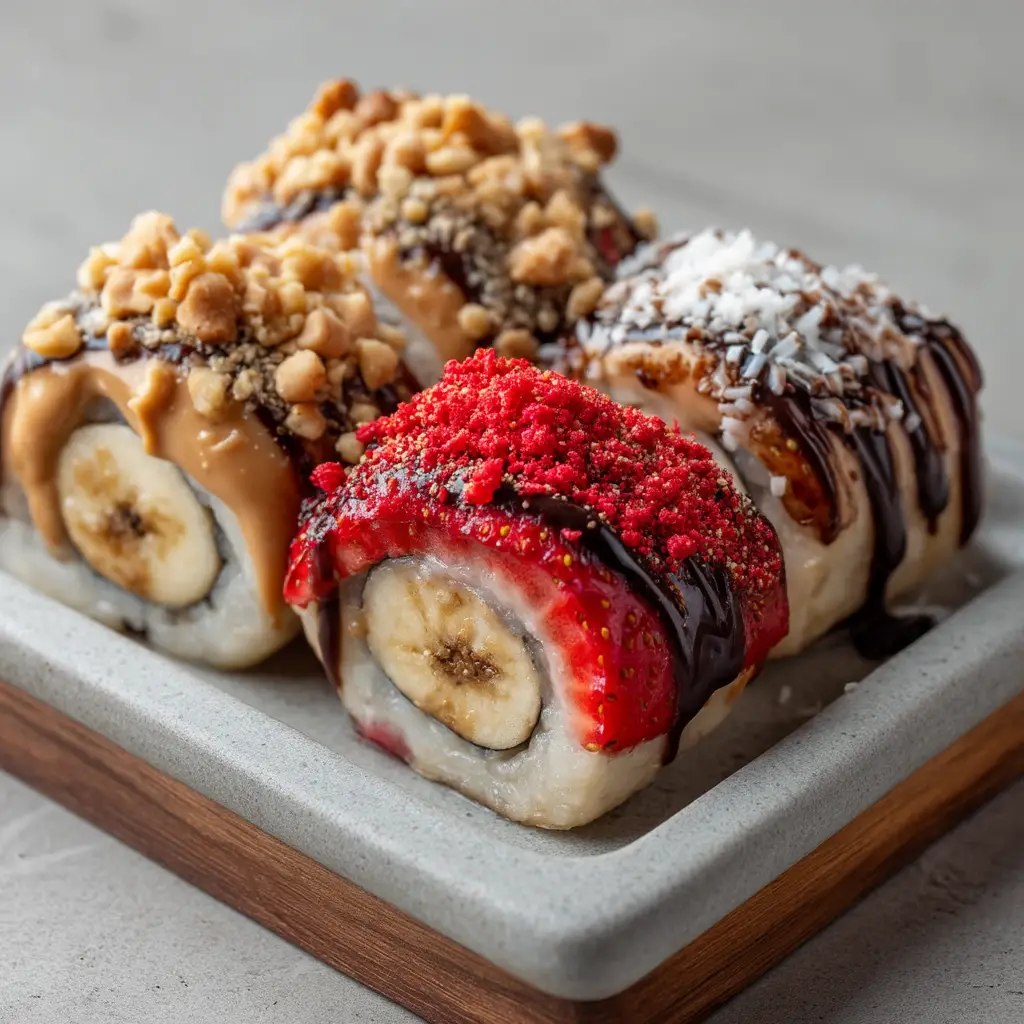 Step-by-step process of assembling and rolling banana sushi on a cutting board.
