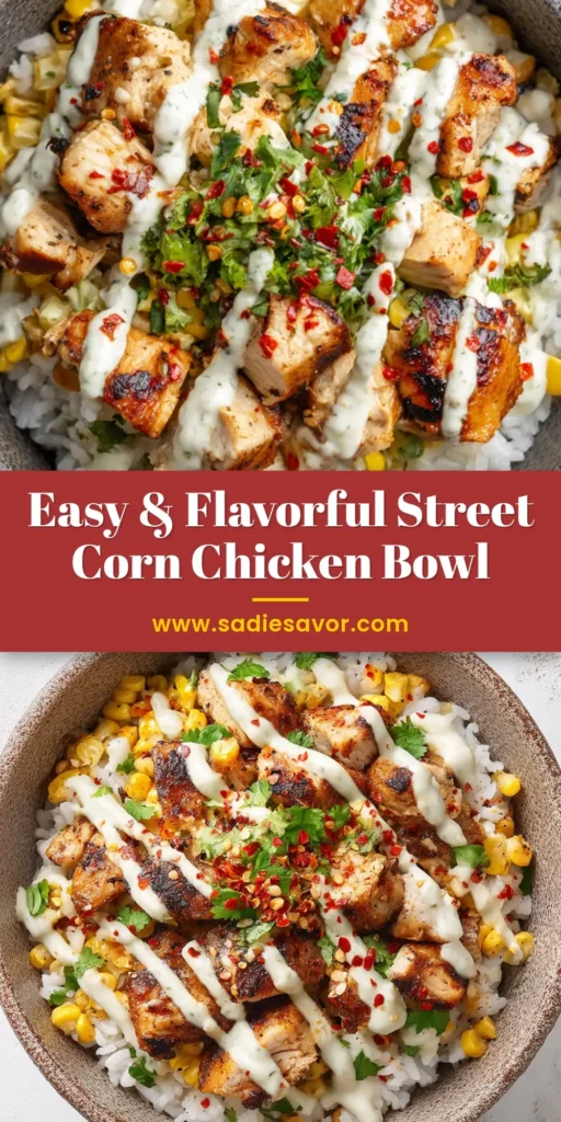 Street Corn Chicken Rice Bowl 3 Top-down view of a Street Corn Chicken Rice Bowl in a rustic stoneware bowl with charred corn, grilled chicken, creamy sauce, and fresh cilantro.