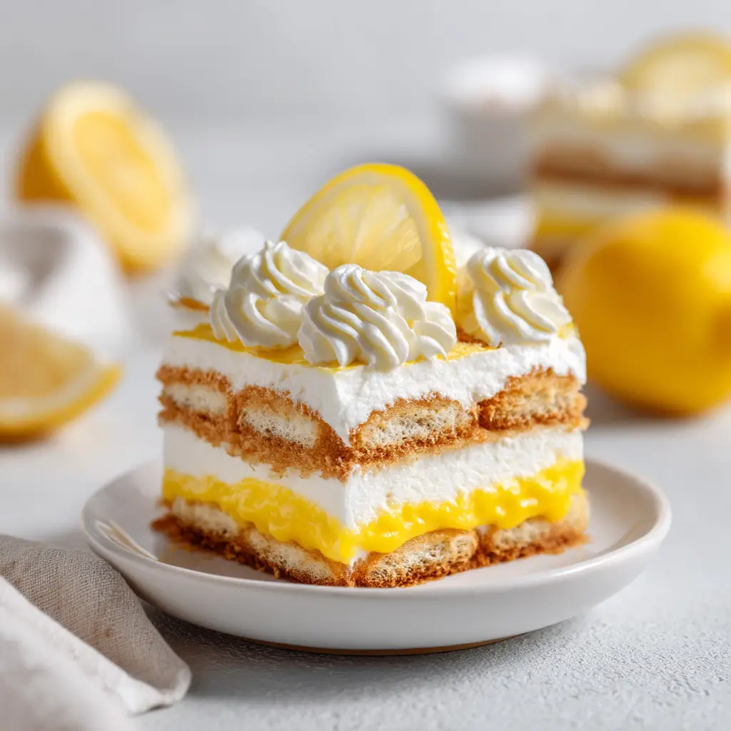 Lemon Tiramisu garnished with delicate swirls of whipped cream and a bright yellow lemon half-slice.
