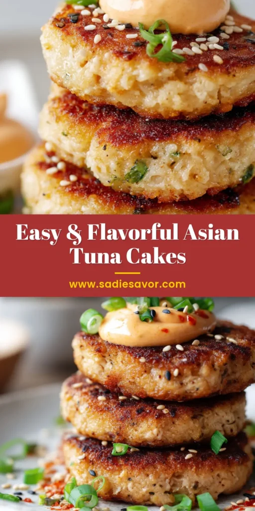 A stack of golden brown pan-seared Asian tuna cakes on a white ceramic plate, topped with creamy orange spicy mayo, green scallions, and toasted sesame seeds.