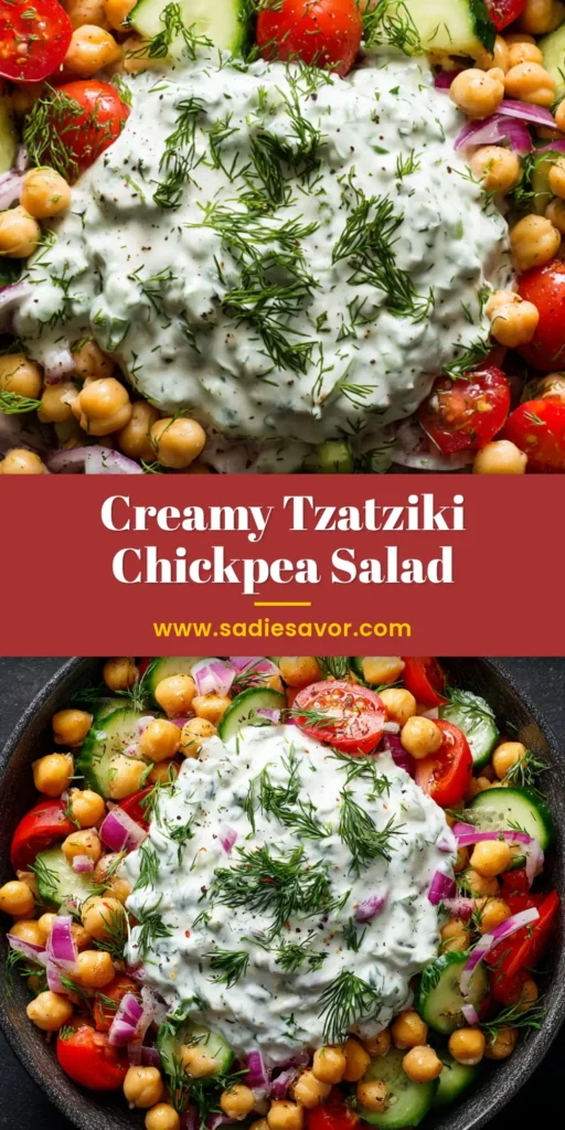 Overhead close-up shot of tzatziki chickpea salad in a dark stoneware bowl.