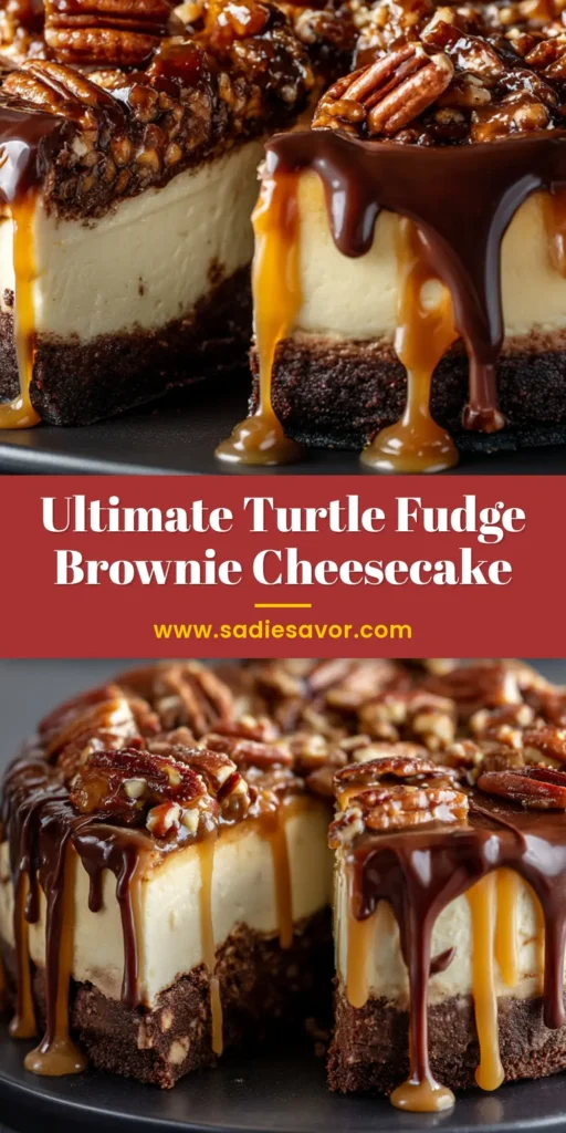 A close-up shot of a whole Turtle Fudge Brownie Cheesecake on a dark matte cake stand, heavily topped with toasted pecans, glossy caramel dripping down the sides, and a dark chocolate ganache drizzle.