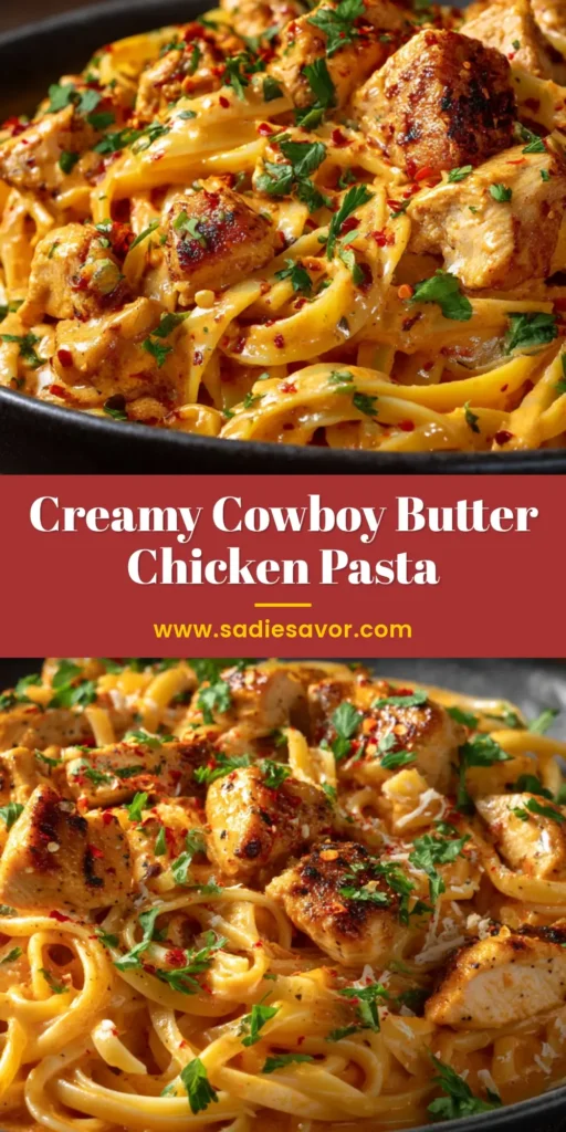 A close-up view of a hearty serving of creamy cowboy butter chicken linguine in a dark, shallow bowl with vibrant orange sauce.