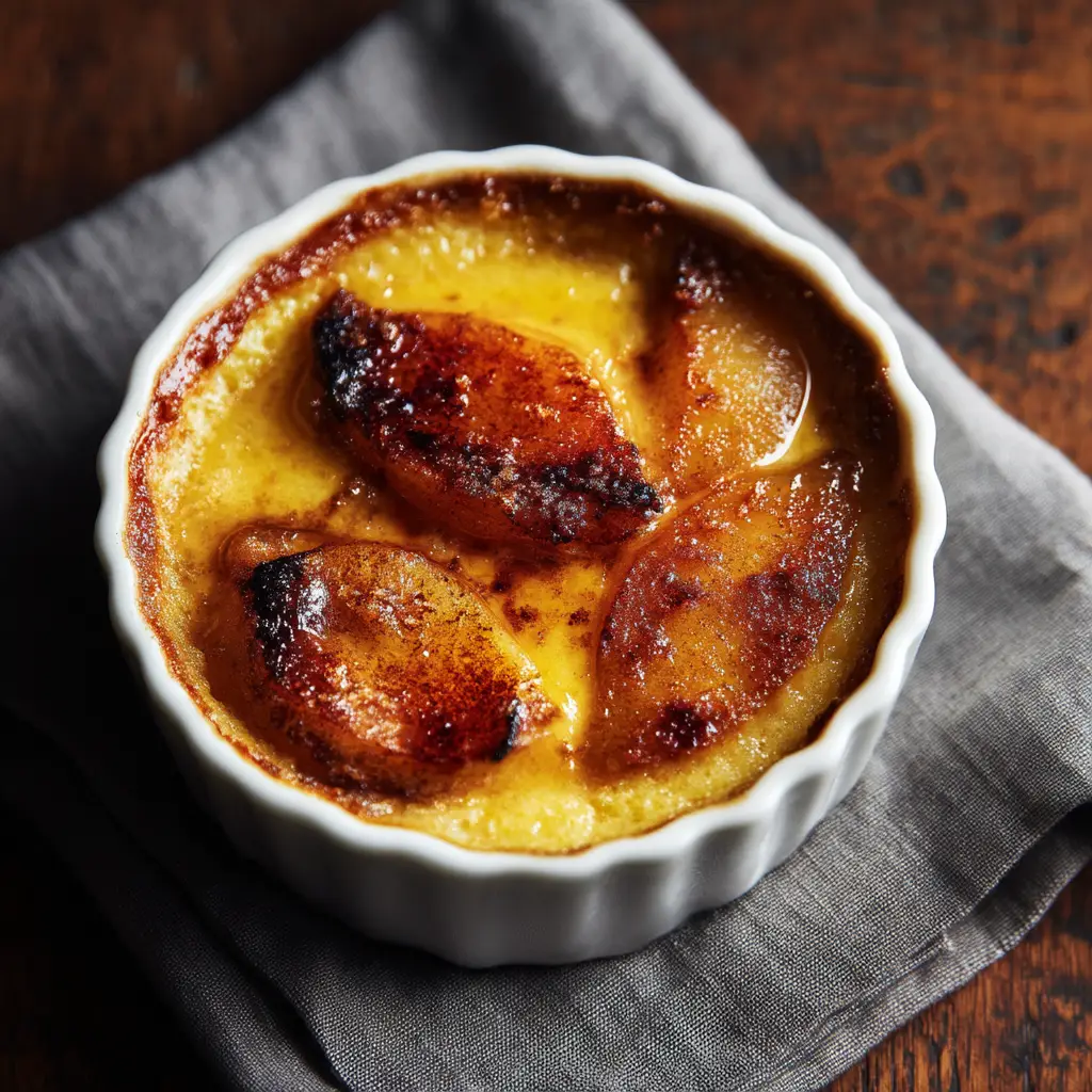 Close-up shot showing soft chunky apples submerged in thick creamy yellow custard inside a white ceramic ramekin.