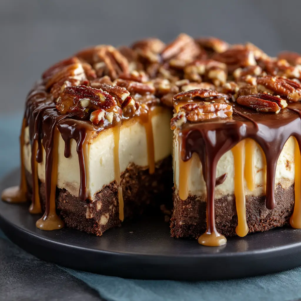 Side profile showing the thick dark chocolate brownie crust and creamy off-white cheesecake layer of a Turtle Fudge Brownie Cheesecake.