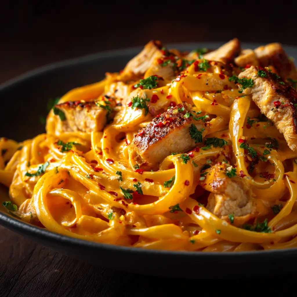 Pan-seared chicken breast chunks covered in an orange-tinted creamy cowboy butter sauce in a skillet.