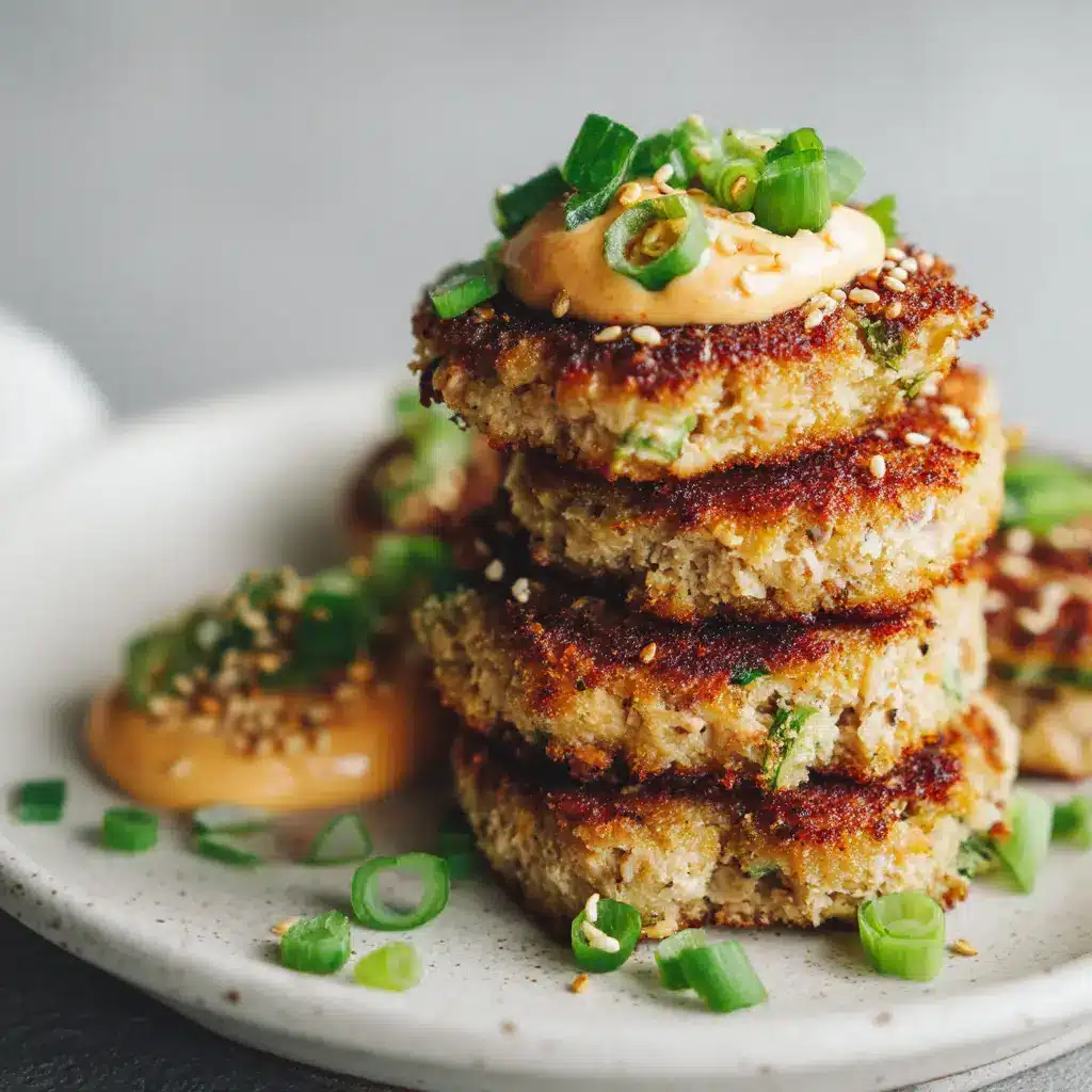 One Asian tuna cake topped with a dollop of creamy orange spicy mayo and toasted sesame seeds.