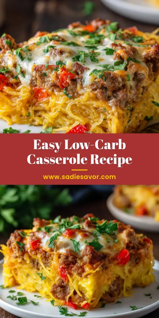 Sausage and Peppers Spaghetti Squash Casserole 4 A hearty slice of Sausage and Peppers Spaghetti Squash Casserole on a white plate, topped with melted mozzarella and fresh parsley.