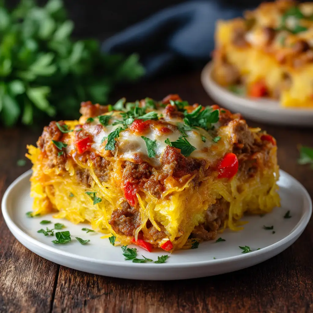 Sausage and Peppers Spaghetti Squash Casserole 2 Close-up of golden-brown mozzarella cheese melted perfectly over Italian sausage and vibrant red bell peppers in a spaghetti squash bake.