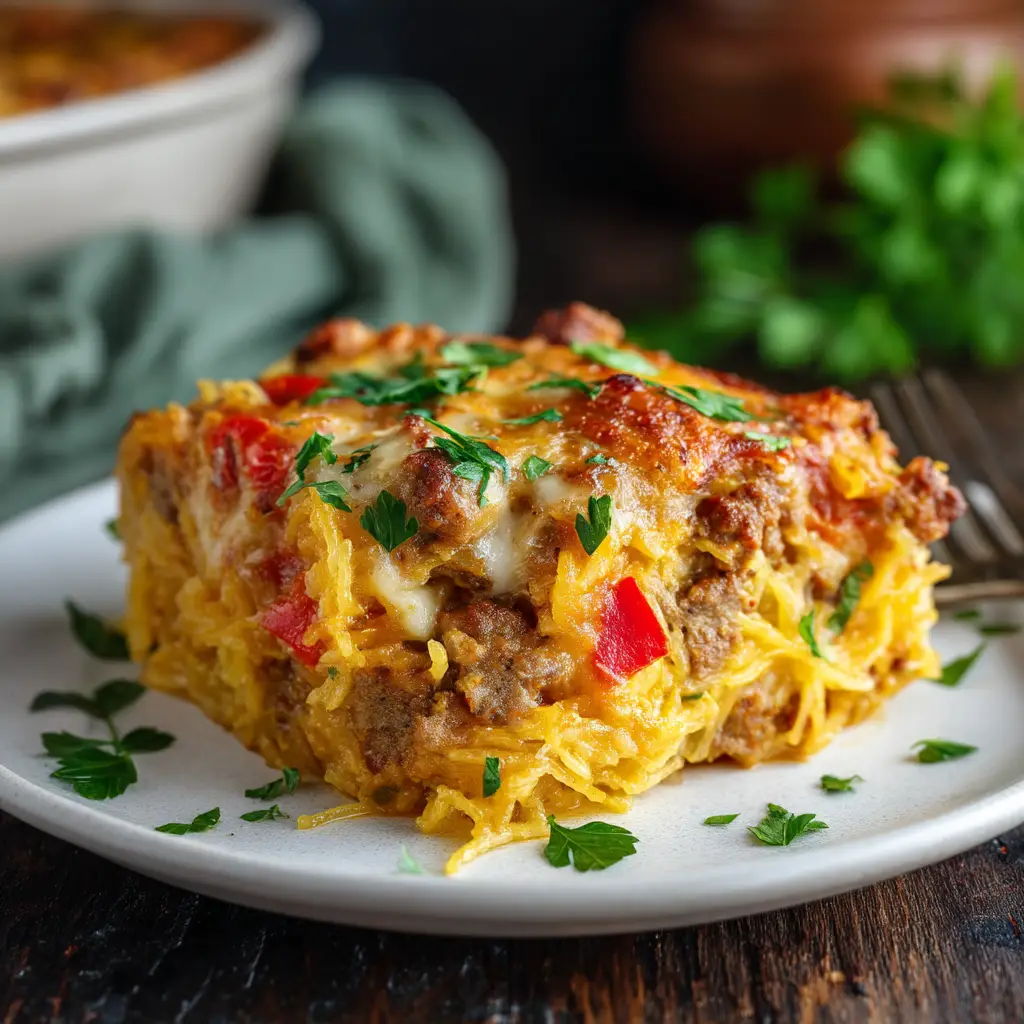 Sausage and Peppers Spaghetti Squash Casserole 1 A close-up shot showing visible strands of spaghetti squash layered with savory meat and peppers on a rustic wooden table.