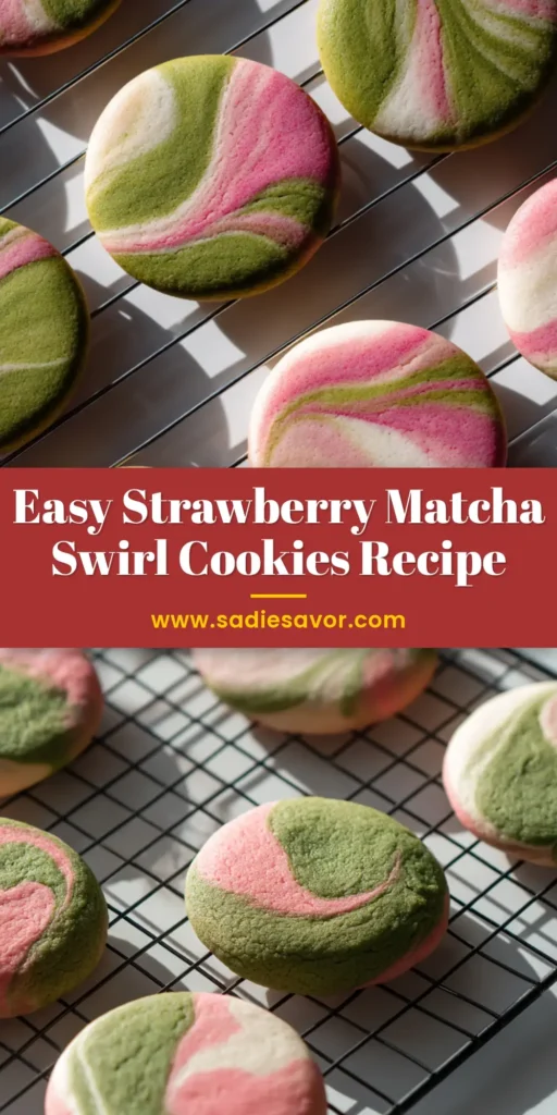 A minimalist overhead food photography shot of perfectly round strawberry matcha cookies with a beautiful pastel pink, matcha green, and creamy white marble swirl, cooling on a black metal wire rack.