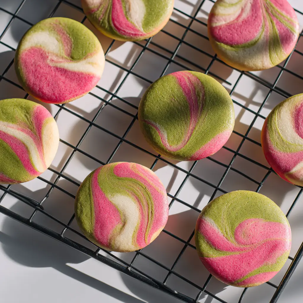 Ultra realistic ingredients for strawberry matcha cookies including matcha powder, freeze-dried strawberry powder, butter, and flour.