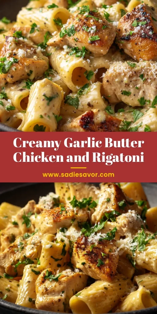 A dark ceramic bowl filled with creamy garlic butter chicken rigatoni, garnished with grated parmesan and green parsley.