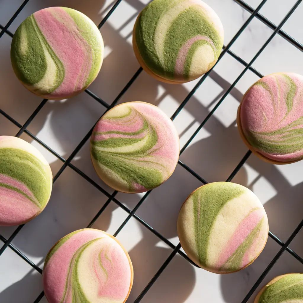Close up of the marbling technique showing twisted dough of matcha green, pastel pink, and creamy white before baking.