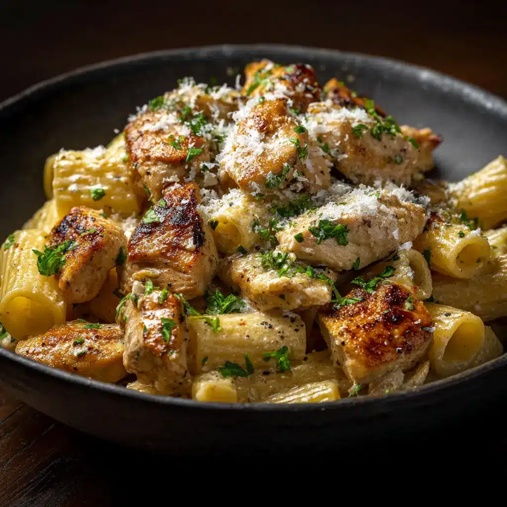 Extreme close-up of golden-brown chicken chunks and rigatoni pasta smothered in a rich garlic butter parmesan cream sauce.
