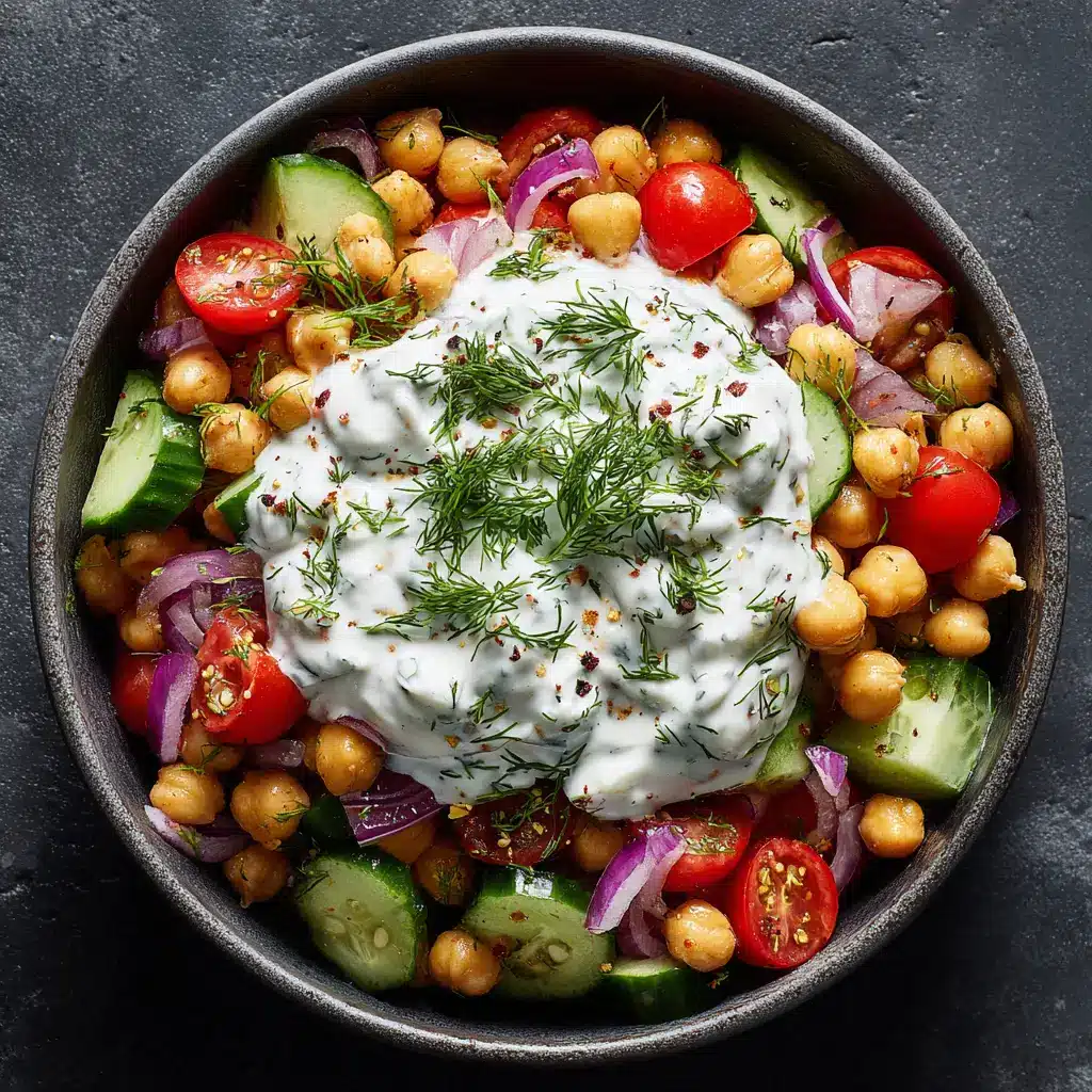 A generous dollop of creamy white tzatziki sauce garnished with fresh green dill over chickpea salad.