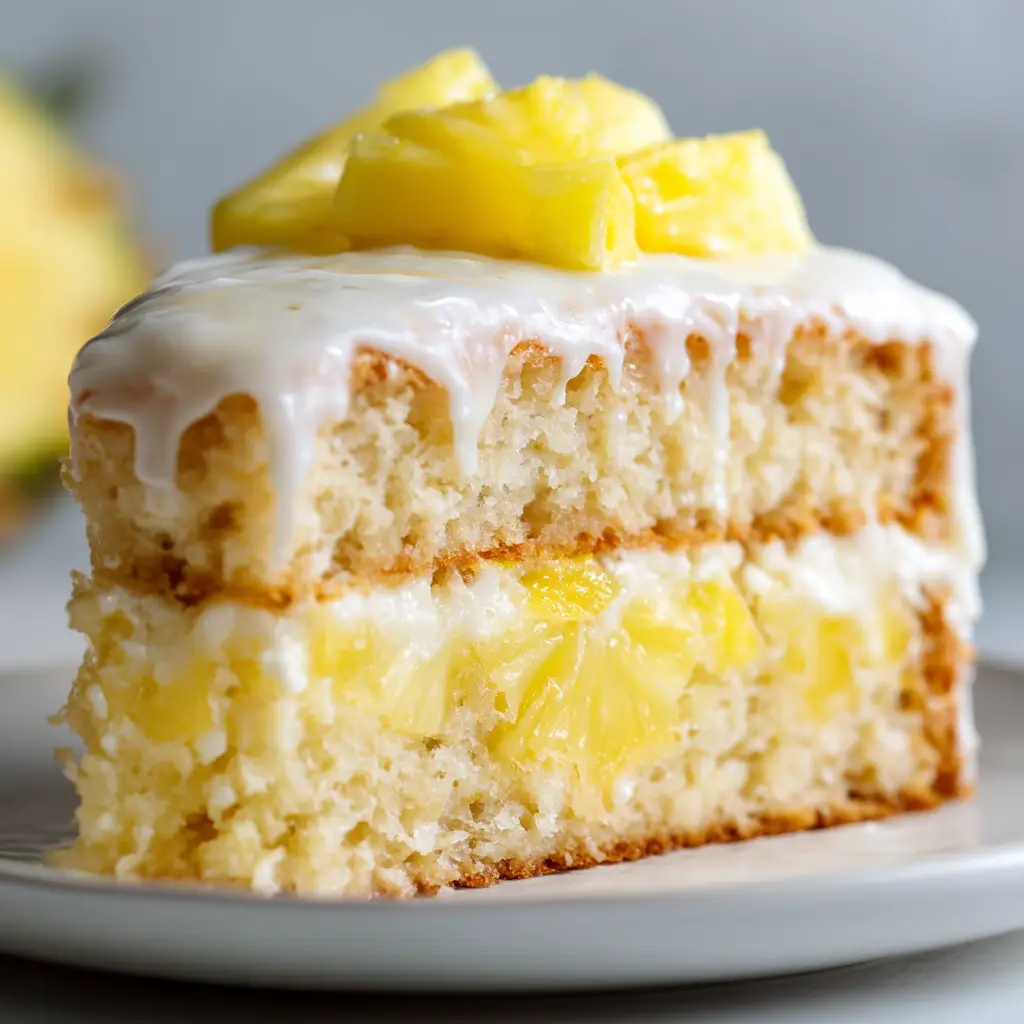 Close-up view of the creamy yellow pineapple filling nestled perfectly between the two moist cake layers of a Pineapple Heaven Cake.