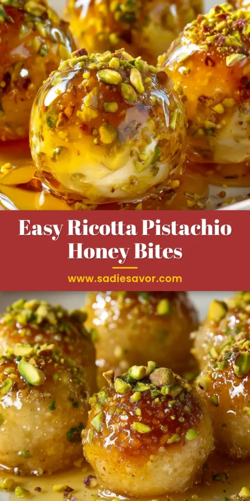 Irresistible Ricotta Pistachio Honey Bites 4 Extreme close-up of perfectly spherical ricotta pistachio honey bites covered in a glistening golden honey glaze on a white plate.