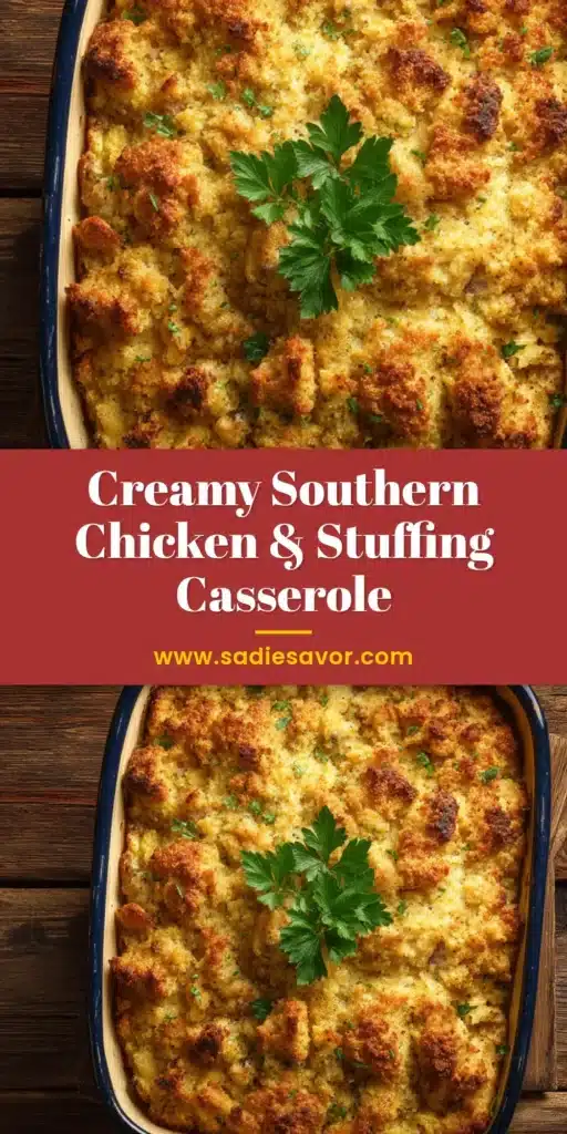 A freshly baked chicken and stuffing casserole in a rustic dark blue and cream ceramic baking dish, shot from a high angle.