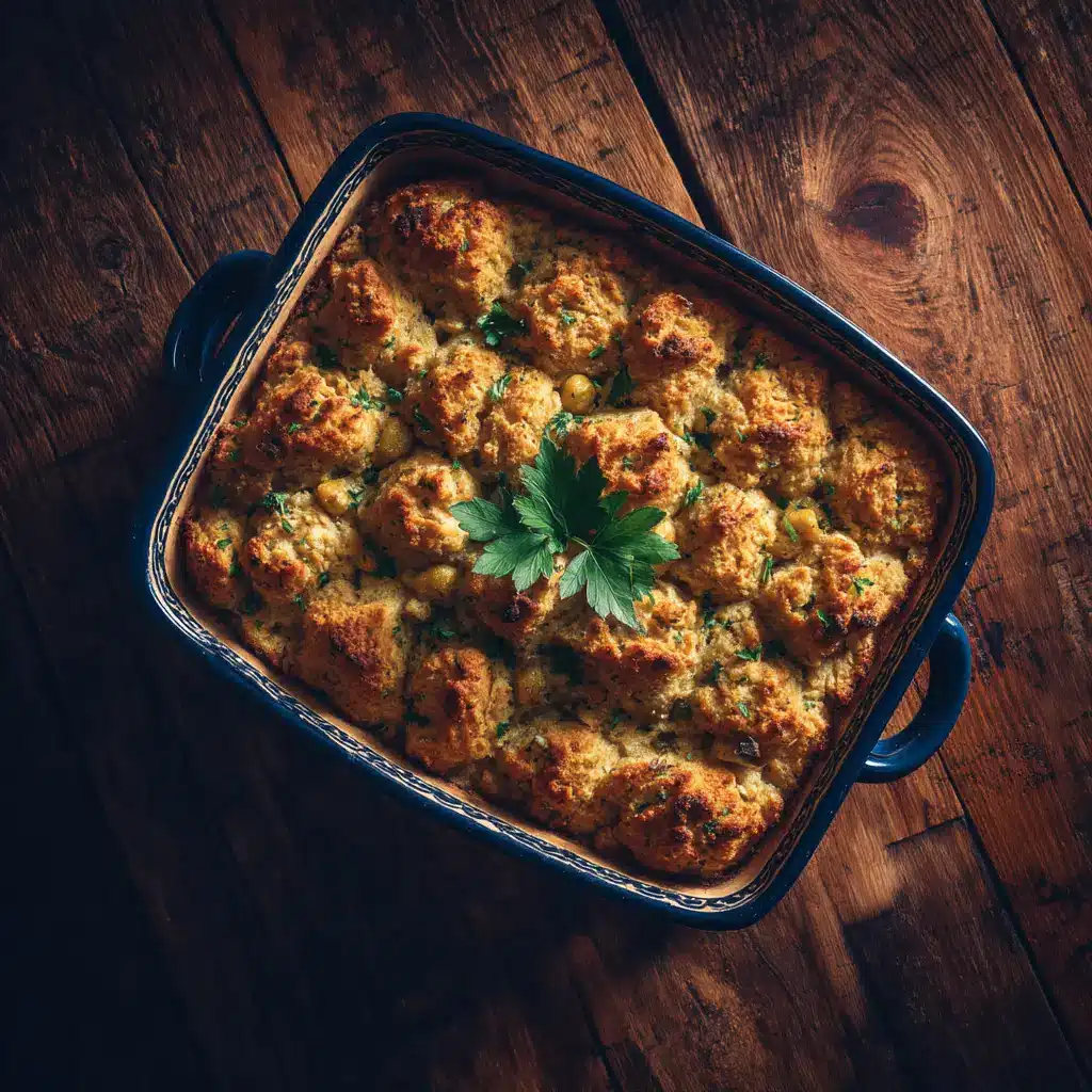 Chicken and stuffing casserole lightly bubbling at the edges garnished with a single vibrant green parsley sprig in the center.