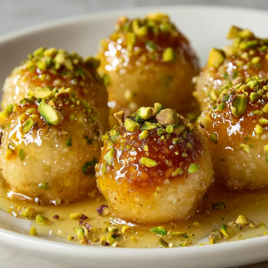 A glistening golden honey glaze dripping over beautiful, spherical ricotta pistachio honey bites.