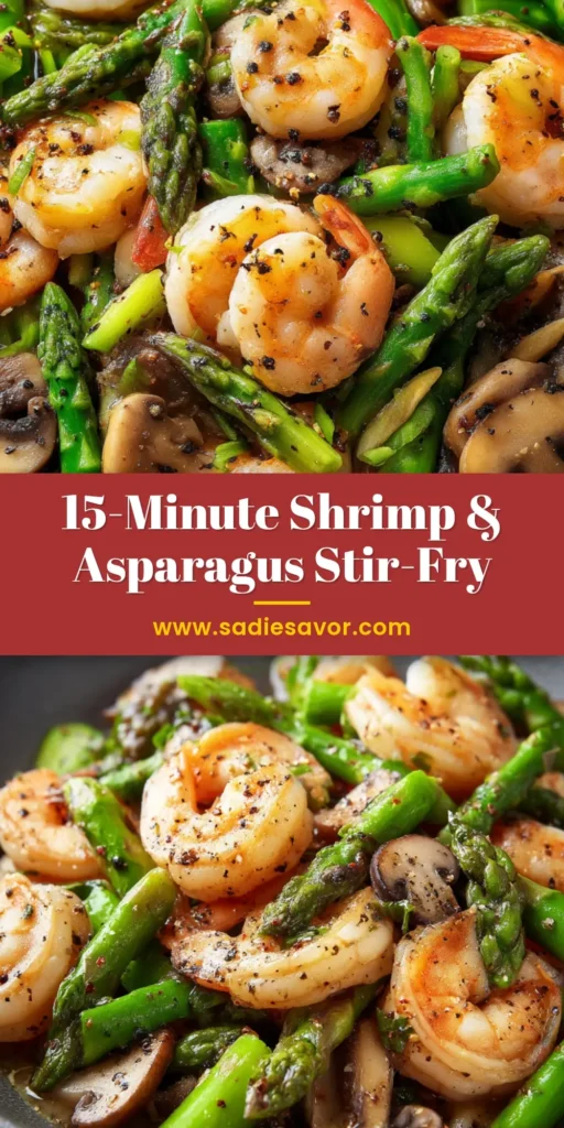 Quick and Vibrant Shrimp and Asparagus Stir-Fry 3 A close-up overhead shot of Shrimp and Asparagus Stir-Fry featuring plump pink shrimp sprinkled with black pepper, two-inch pieces of vibrant green asparagus, and sliced cremini mushrooms in a glistening light sauce, served in a shallow dark grey ceramic bowl.