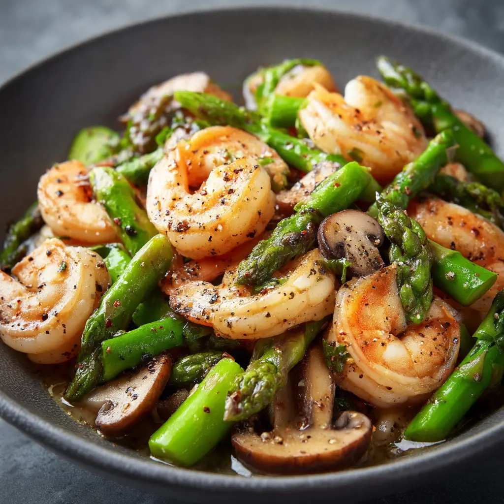 Quick and Vibrant Shrimp and Asparagus Stir-Fry 1 Sautéing shrimp sprinkled with black pepper in a hot wok, showing the transition from translucent to plump pink and white.