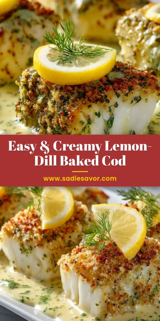 Thick baked cod fillets with a golden brown crust, served on a white platter and surrounded by a creamy pale yellow lemon-dill sauce.