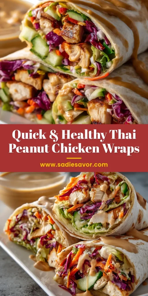 Delicious Thai Peanut Chicken Wraps 4 Three Thai peanut chicken wraps stacked pyramid-style on a white plate, showing colorful filling of red cabbage, carrots, and grilled chicken with peanut sauce.