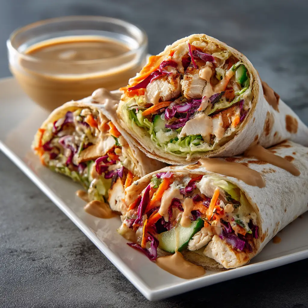 Fresh ingredients for Thai Peanut Chicken Wraps including shredded red cabbage, carrots, cucumber, lettuce, and thick peanut sauce.