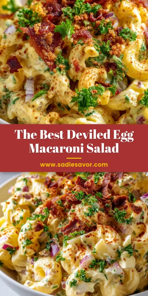 A tall pin showing creamy deviled egg macaroni salad topped with crispy bacon and paprika, served in a white ceramic bowl.