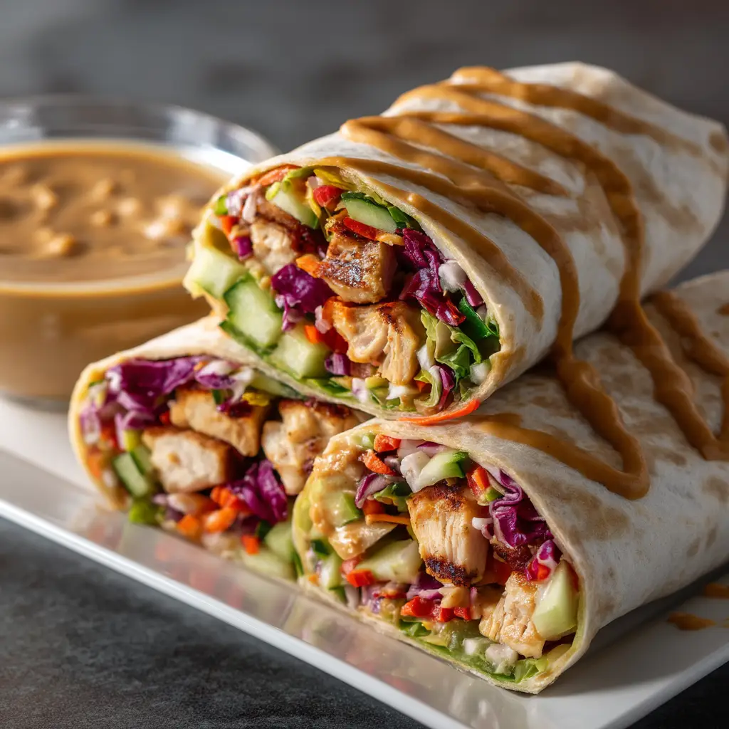 Delicious Thai Peanut Chicken Wraps 1 Close up of Thai peanut chicken wrap sliced in half on a bias revealing grilled chicken chunks and thick peanut drizzle.