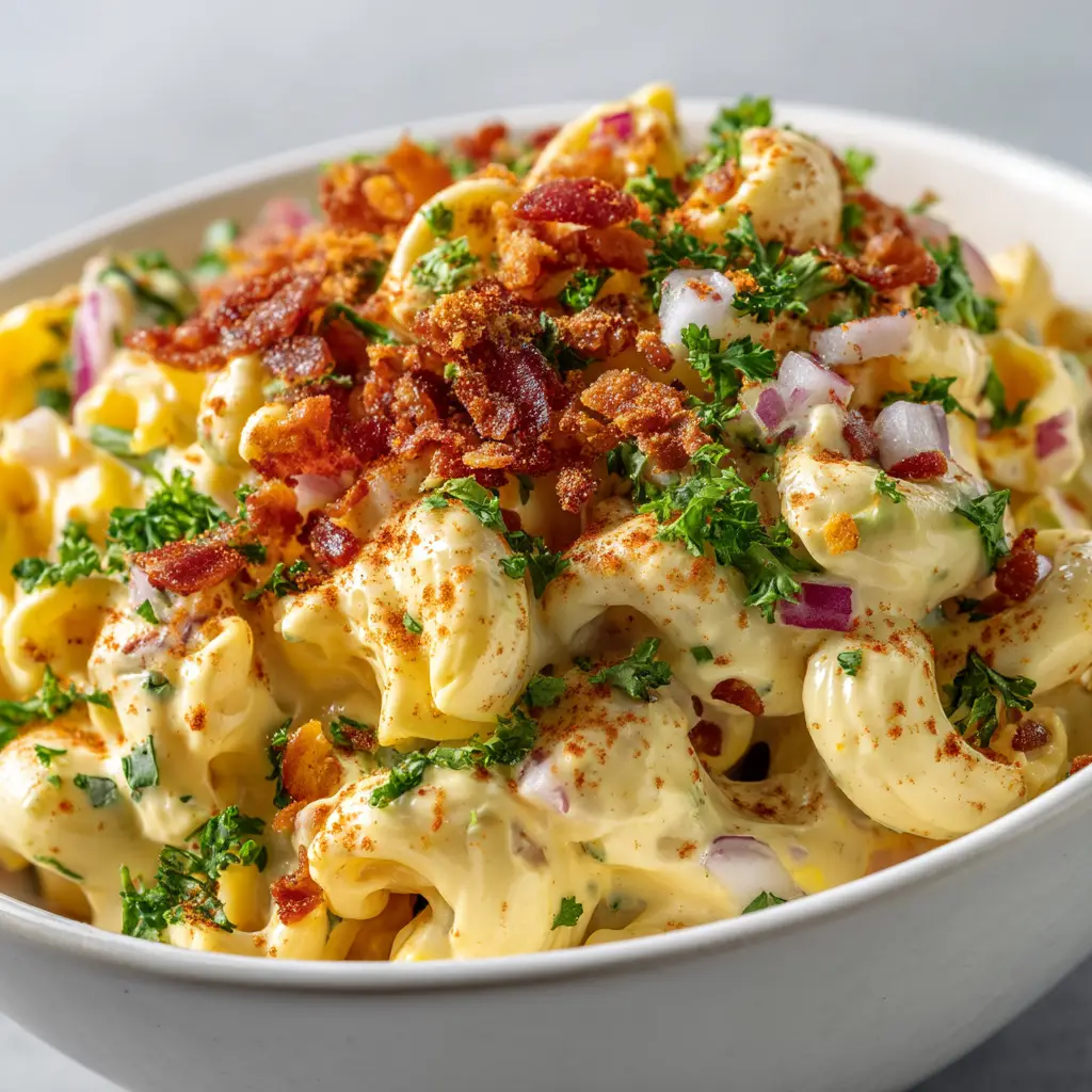 Extreme close-up of macaroni coated in a yellowish creamy dressing with chunks of egg white and diced red onion.