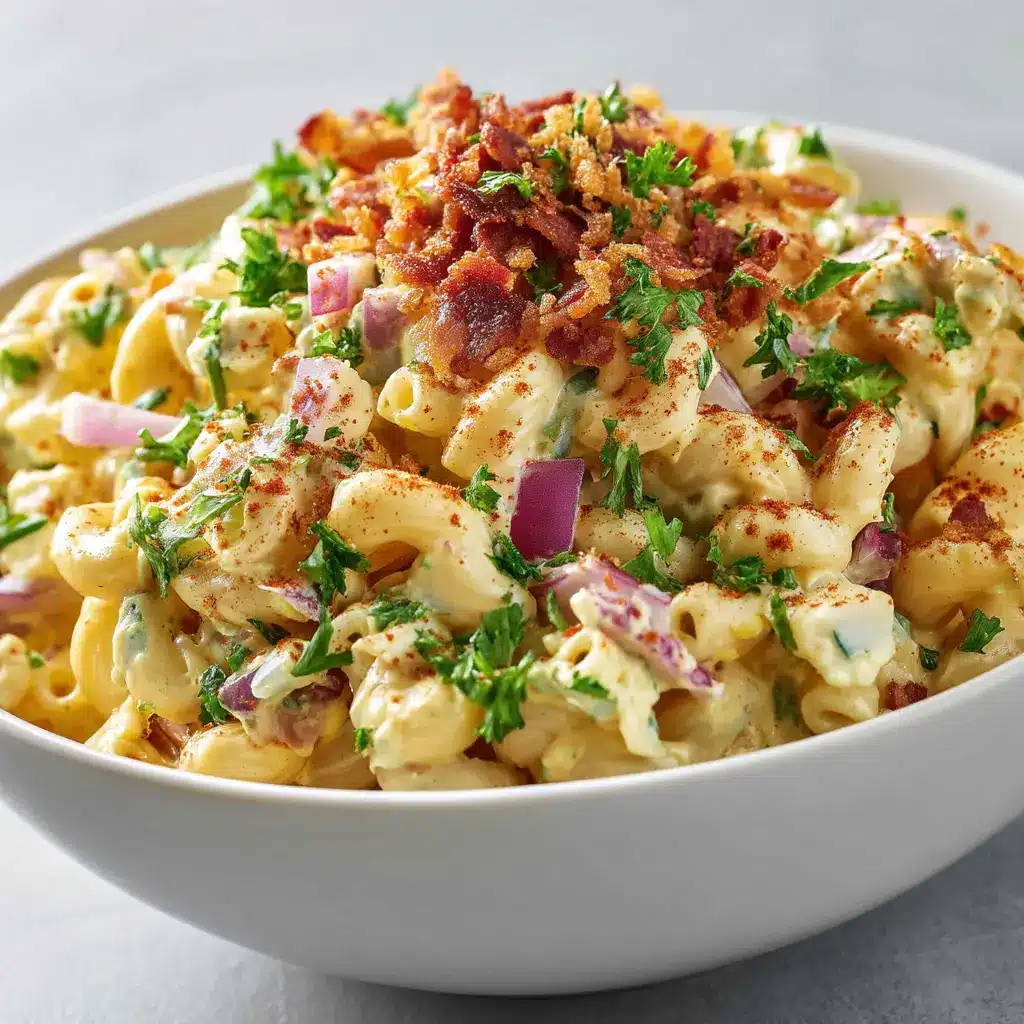 Appetizing food photography shot of deviled egg macaroni salad garnished with paprika and crumbled bacon in a white ceramic bowl.