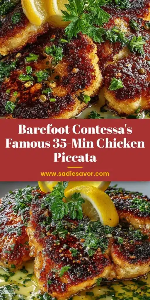 Barefoot Contessa Chicken Piccata 3 Close-up top-down view of Barefoot Contessa Chicken Piccata on a clean white plate, showing a golden-brown crispy crust, glossy pale yellow lemon-butter sauce, chopped fresh green parsley, and two lemon half-moon slices.