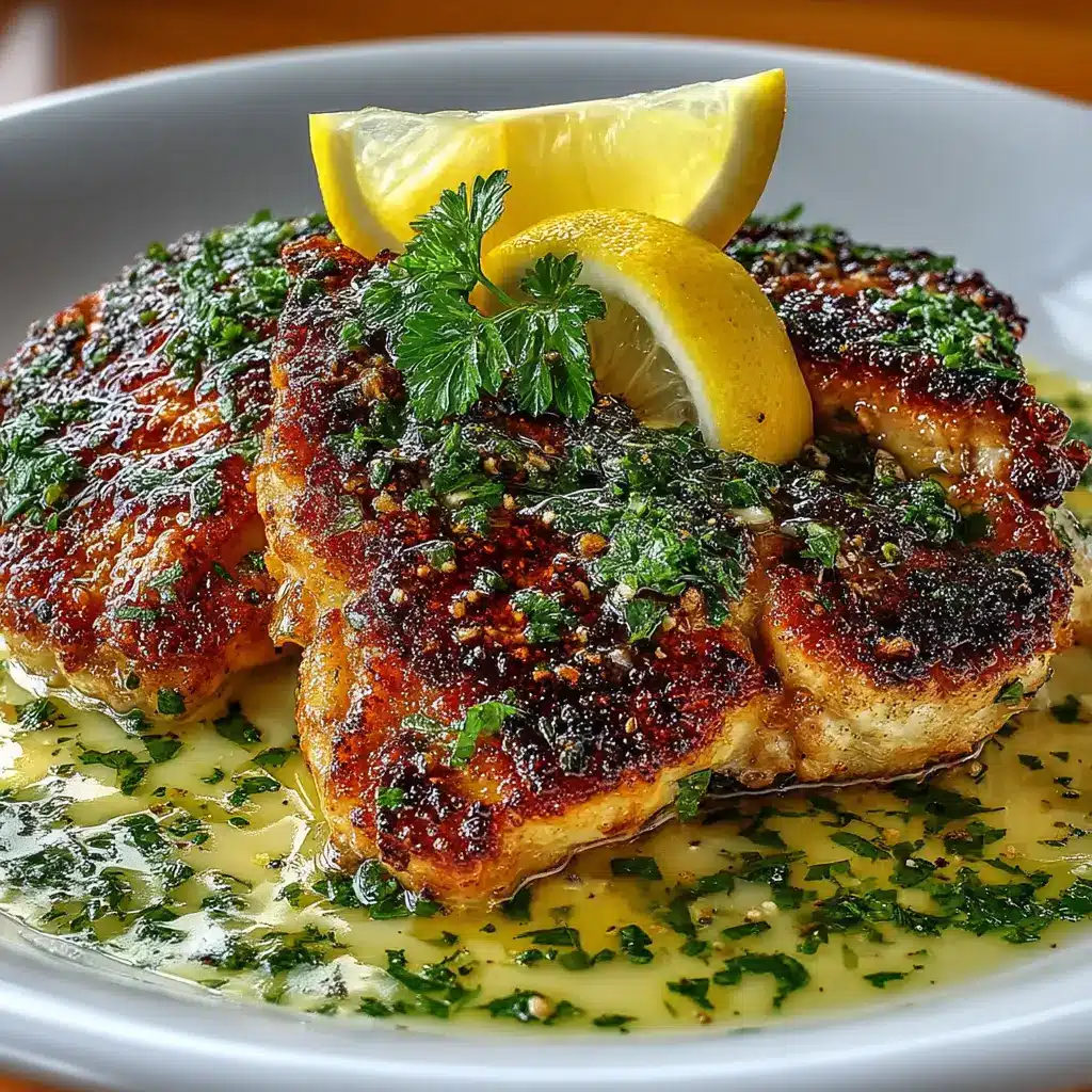 Barefoot Contessa Chicken Piccata 1 Extreme close up of a golden-brown pan-fried chicken cutlet drizzled with pale yellow lemon-butter sauce.