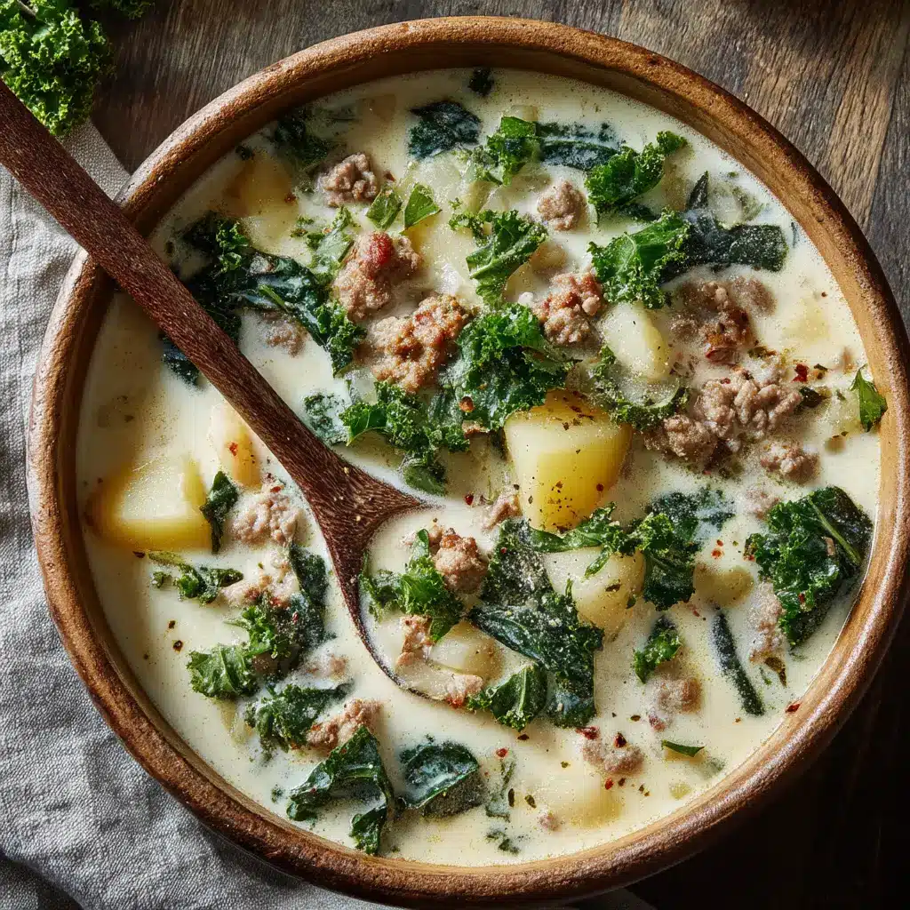 Photorealistic appetizing food magazine style shot of thick Zuppa Toscana Soup in a white ceramic bowl.