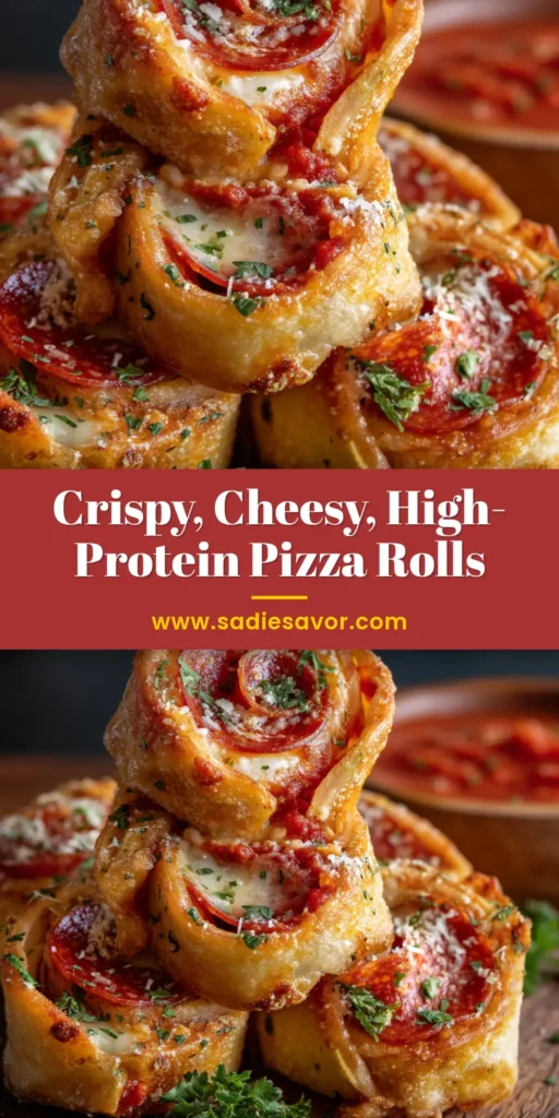 High Protein Pepperoni Pizza Rolls 3 A stack of crispy golden-brown High Protein Pepperoni Pizza Rolls on a wooden board with melted mozzarella.