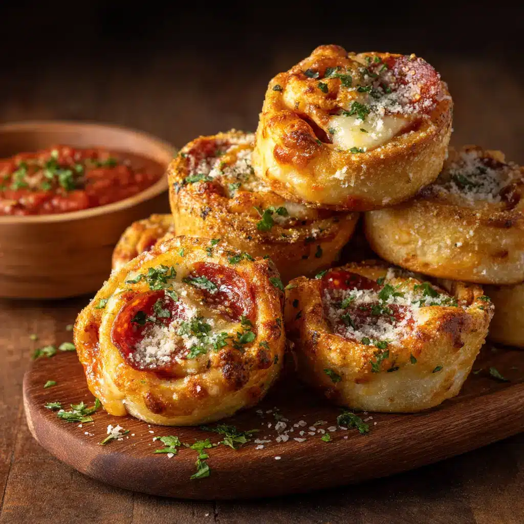 High Protein Pepperoni Pizza Rolls 1 Freshly baked golden-brown pizza rolls sprinkled with parmesan and parsley next to a bowl of marinara.