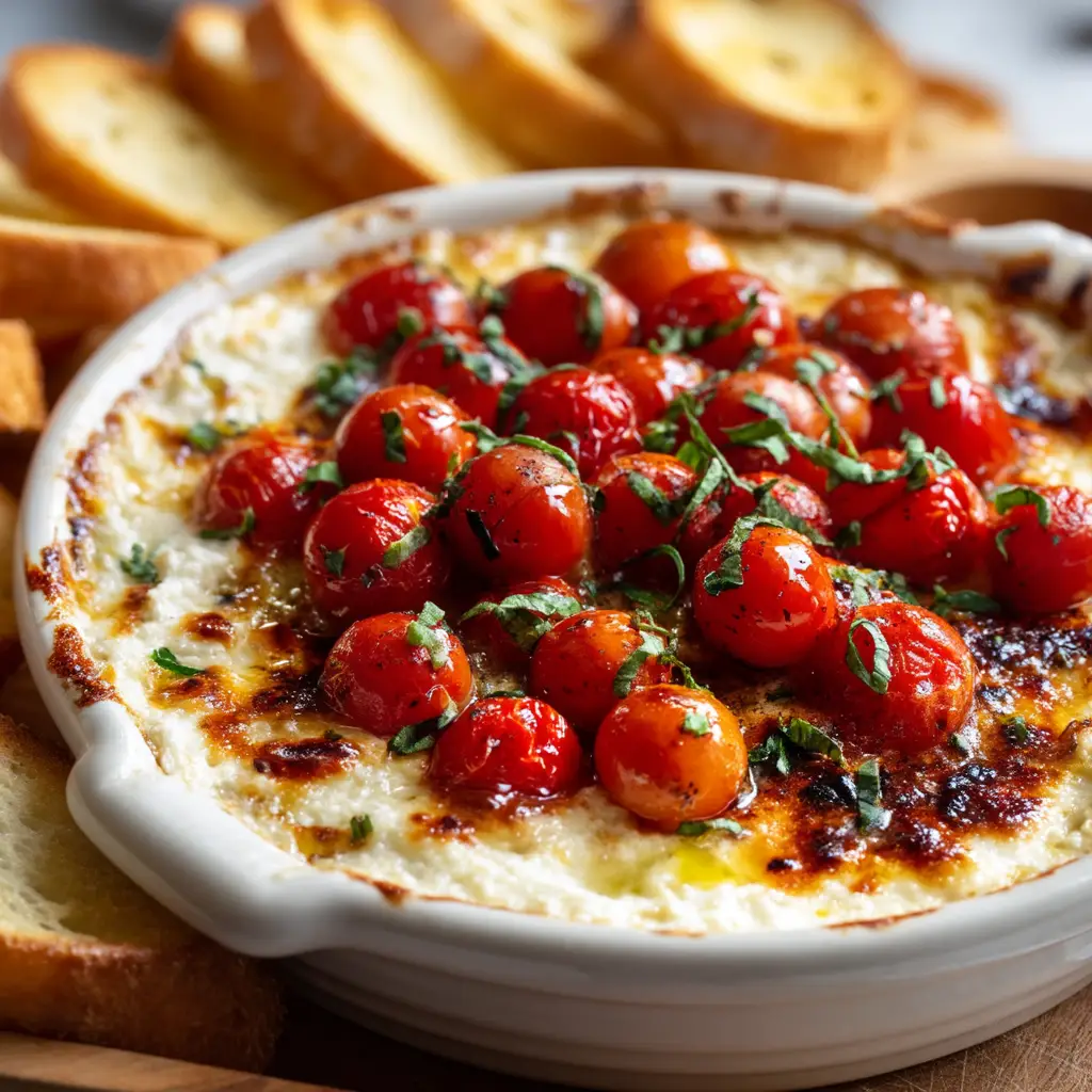 Three-Cheese Tomato Bruschetta Dip 1 Close up of the bubbly golden-brown, slightly charred top layer of melted cheese in the bruschetta dip.