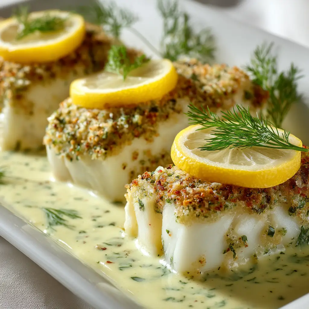 Close-up of golden brown herb-crusted cod flaking apart on a fork, dripping with pale yellow lemon-dill sauce.