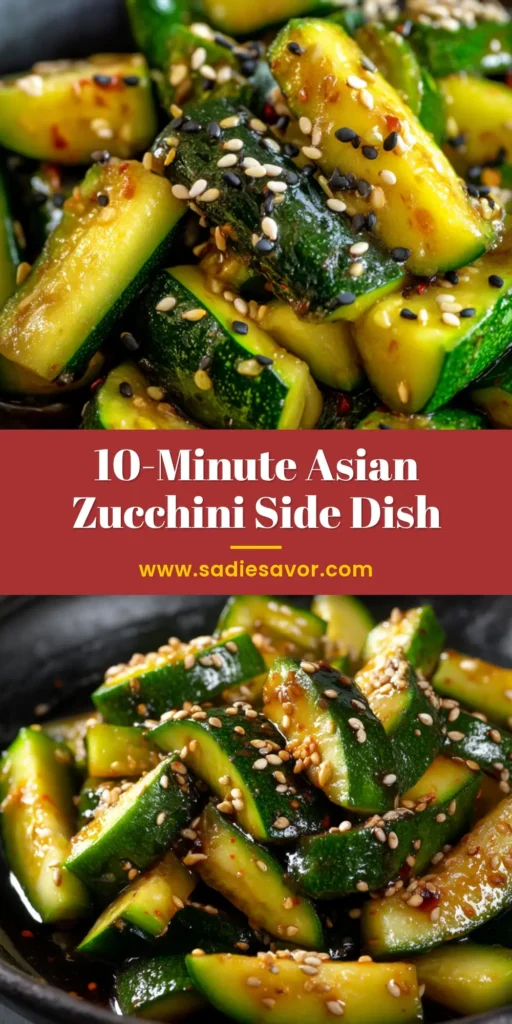 Asian Zucchini (Glossy Soy & Sesame Glazed) 3 Extreme close-up of Asian style sauteed zucchini in a dark ceramic bowl, sprinkled with sesame seeds. (Asian Zucchini)