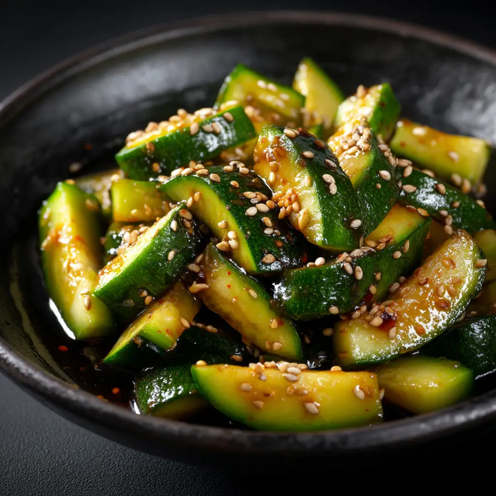 Asian Zucchini (Glossy Soy & Sesame Glazed) 2 Fresh green zucchini cut into half-moon sticks beside soy sauce, sesame oil, and garlic. (Asian Zucchini)