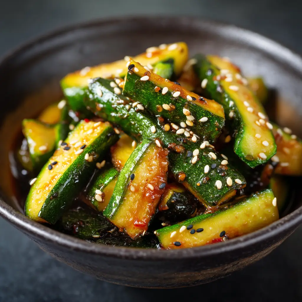 Asian Zucchini (Glossy Soy & Sesame Glazed) 1 Sizzling sautéed Asian zucchini coated in a dark glossy sauce in a pan.