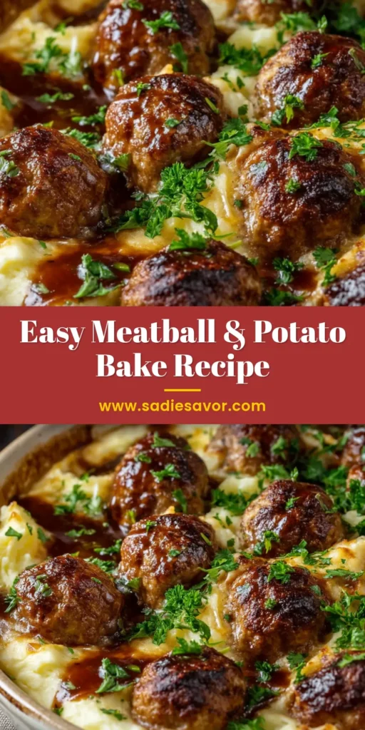 Ultimate Meatball and Mashed Potato Bake 3 A rustic off-white casserole dish filled with a Meatball and Mashed Potato Bake, topped with glossy brown gravy and fresh parsley.