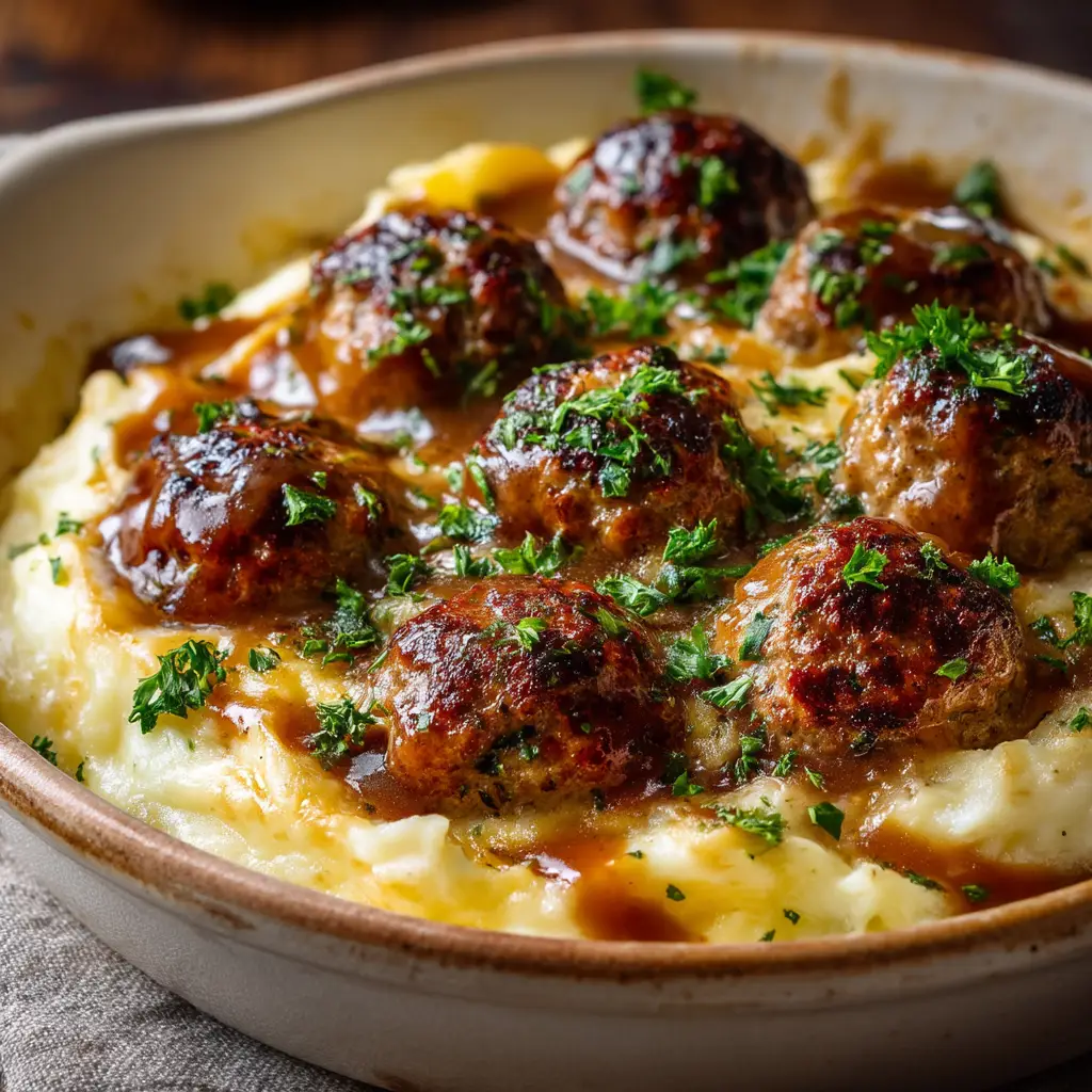 Ultimate Meatball and Mashed Potato Bake 2 Fresh ingredients for a Meatball and Mashed Potato Bake, including ground beef, potatoes, and parsley on a dark wooden table.