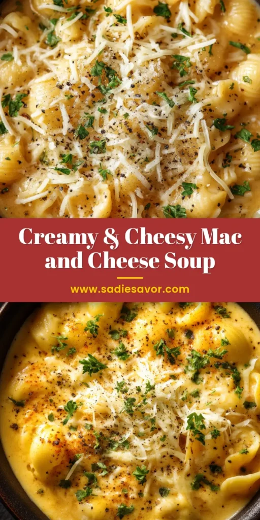 A close up overhead shot of thick and creamy mac and cheese soup in a dark ceramic bowl, garnished with shredded white cheddar, coarse black pepper, and chopped parsley.